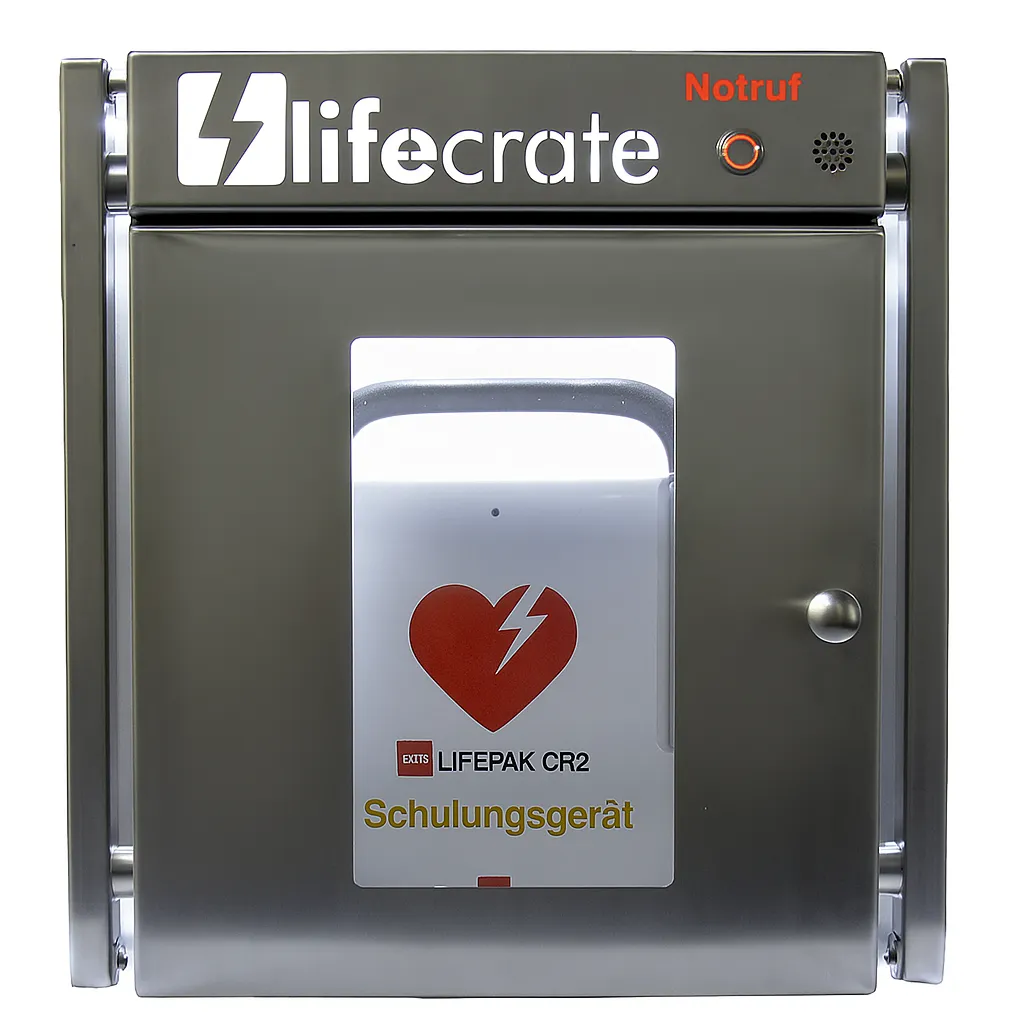 AED-Gerät mit einem auffälligen Herzsymbol, das auf seine Verwendung bei Herznotfällen hinweist.