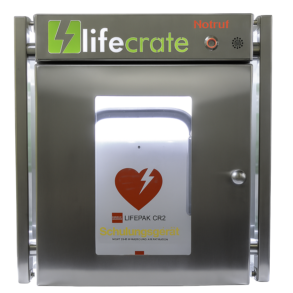 AED-Gerät mit einem auffälligen Herzsymbol, das auf seine Verwendung bei Herznotfällen hinweist.