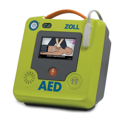 Ein AED-Gerät, das auf einem Tisch ausgestellt ist, ist für die Notfallversorgung bei Herzproblemen und zur Defibrillation konzipiert.